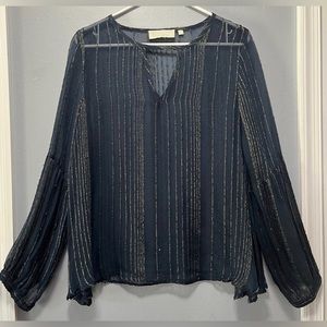 Anthropologie Love Sam Navy Blue w/ Gold Stripes Women’s Blouse Size 14